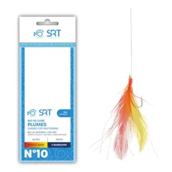 SRT BAS DE LIGNE MER PLUMES ROUGES/JAUNES 5 HAMECONS