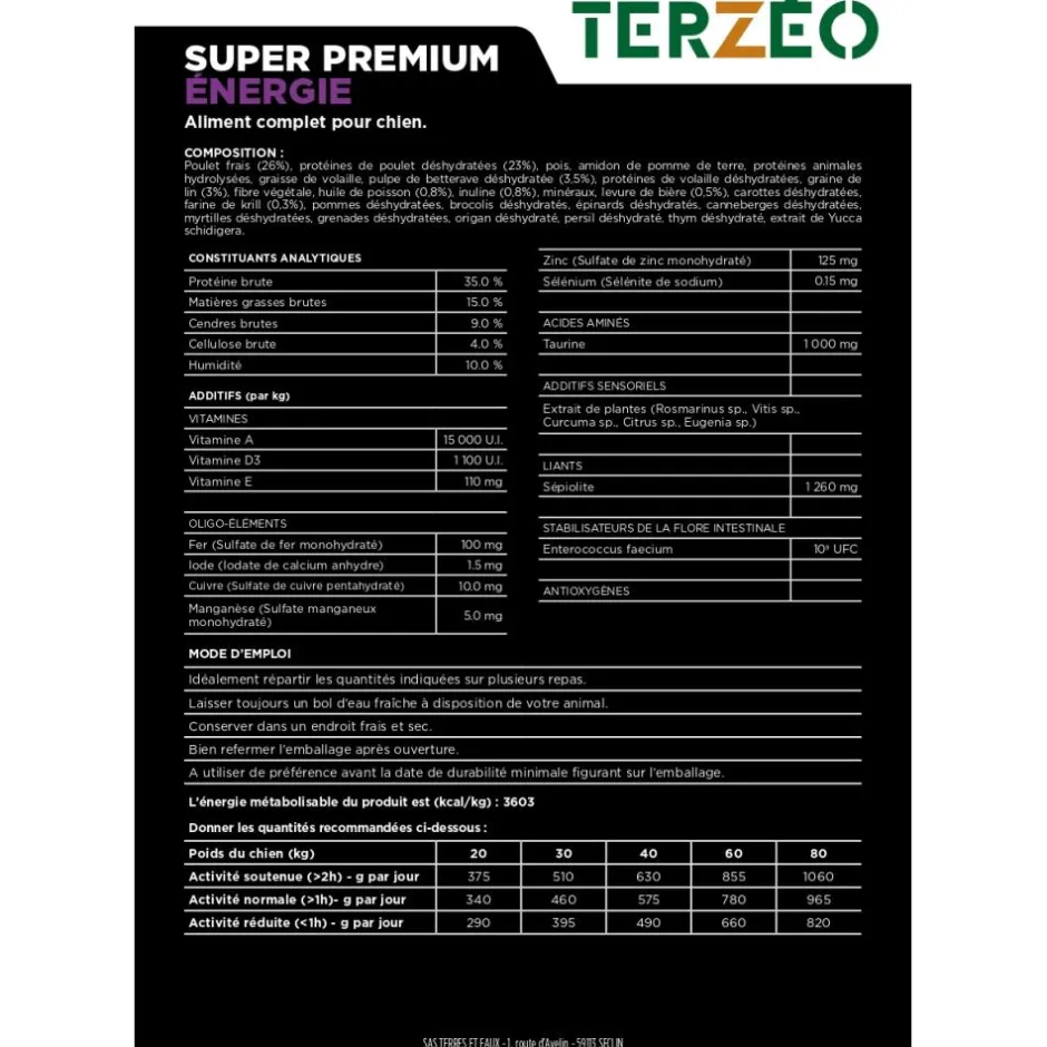 TERZEO VOS ANIMAUX CROQUETTE SUPER PREMIUM ENERGIE 14KG