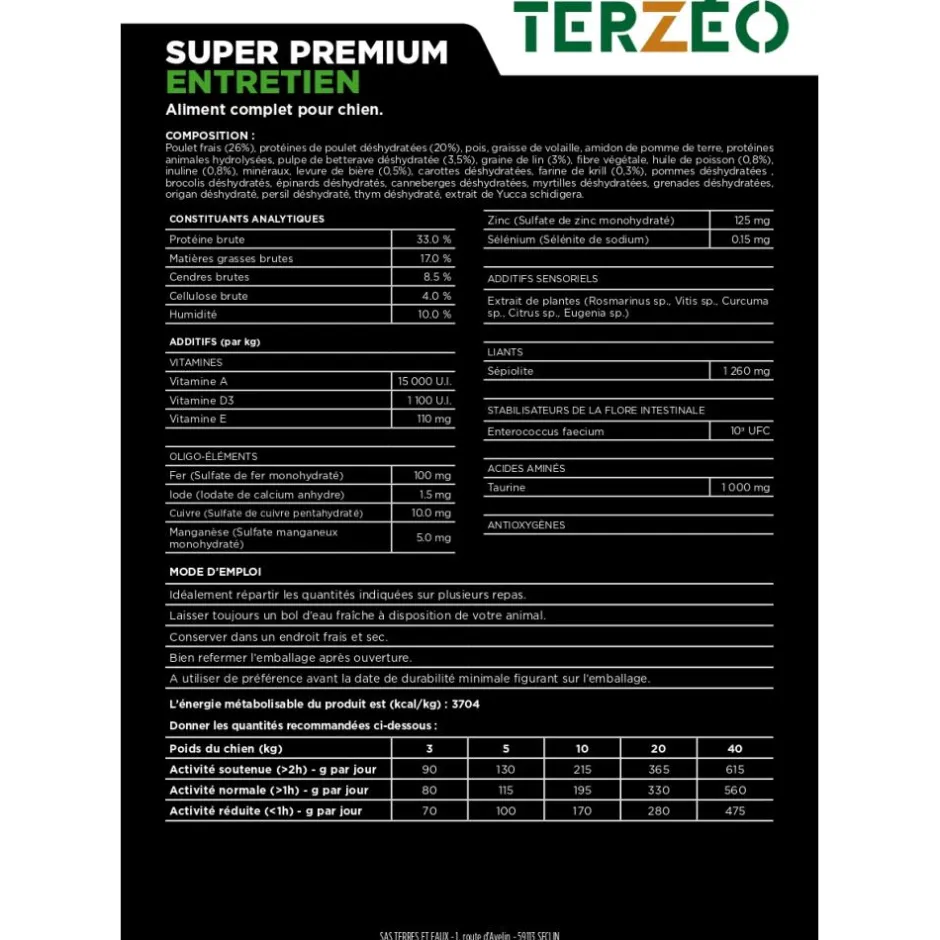 TERZEO VOS ANIMAUX CROQUETTE SUPER PREMIUM ENTRETIEN 14KG